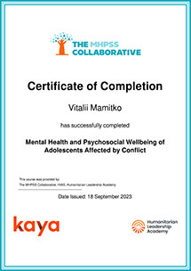 Mental Health and Psychosocial Wellbeing of Adolescents Affected by Conflict_Certificate of Completion, Vitalii Mamitko